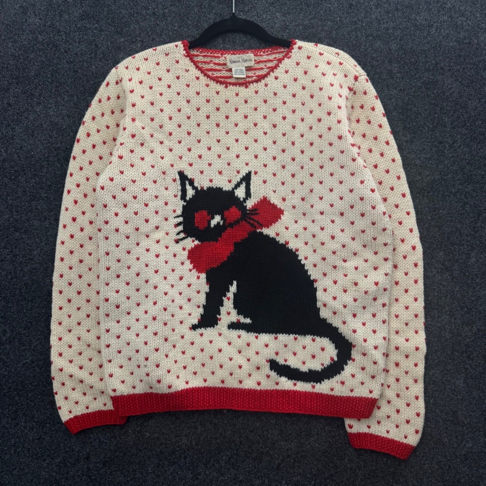 Vintage Neiman Marcus 70s Birdseye Hand Knit Wool Cat Sweater Cream Red Women L